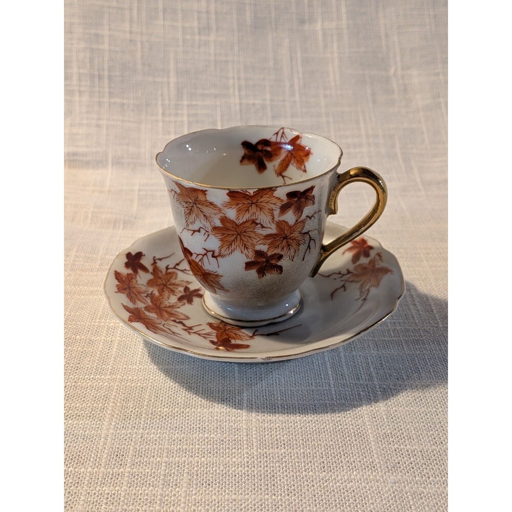 Made in Occupied Japan Cup Saucer Red Maple Leaf Gold Trim Vintage